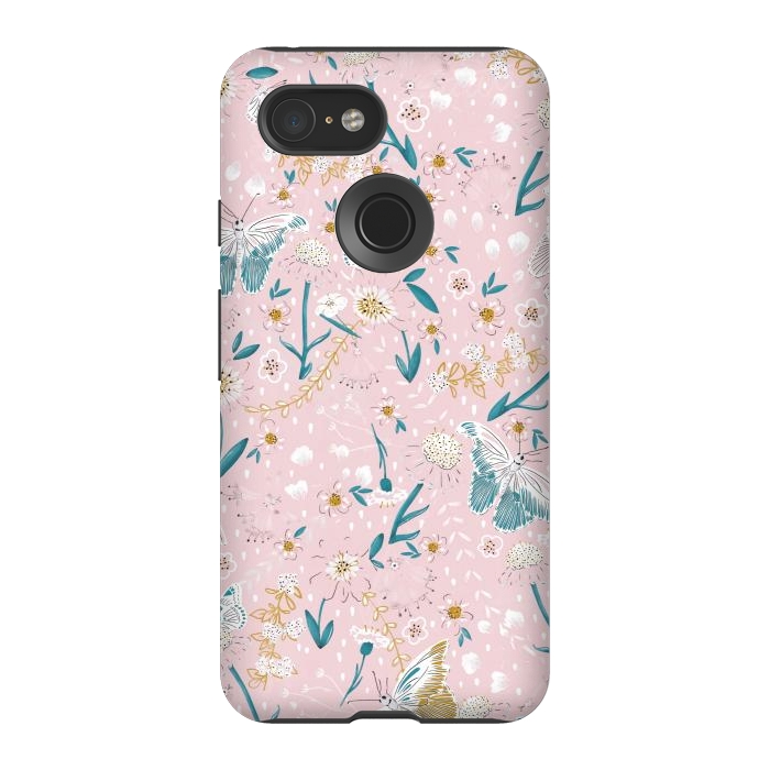 Pixel 3 StrongFit Delicate Daisies and Butterflies half-drop repeat pattern on Pink by Paula Ohreen
