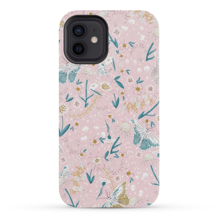 iPhone 12 mini StrongFit Delicate Daisies and Butterflies half-drop repeat pattern on Pink by Paula Ohreen
