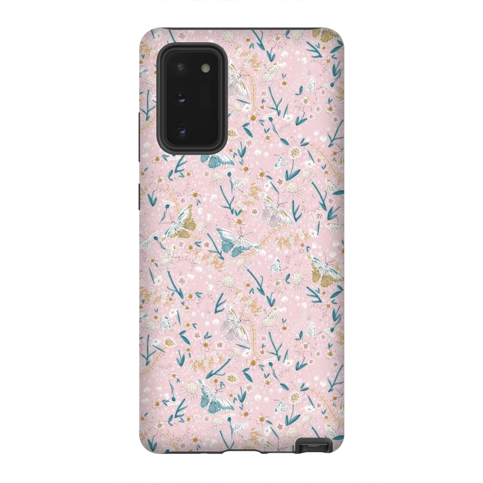 Galaxy Note 20 StrongFit Delicate Daisies and Butterflies half-drop repeat pattern on Pink by Paula Ohreen
