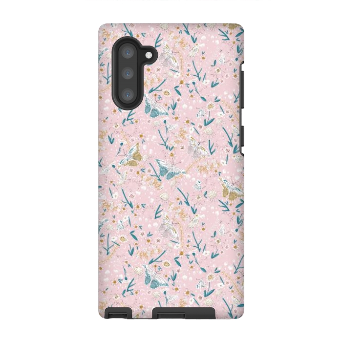 Galaxy Note 10 StrongFit Delicate Daisies and Butterflies half-drop repeat pattern on Pink by Paula Ohreen
