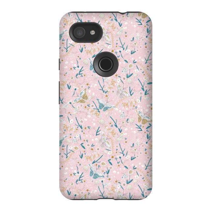Pixel 3AXL StrongFit Delicate Daisies and Butterflies half-drop repeat pattern on Pink by Paula Ohreen
