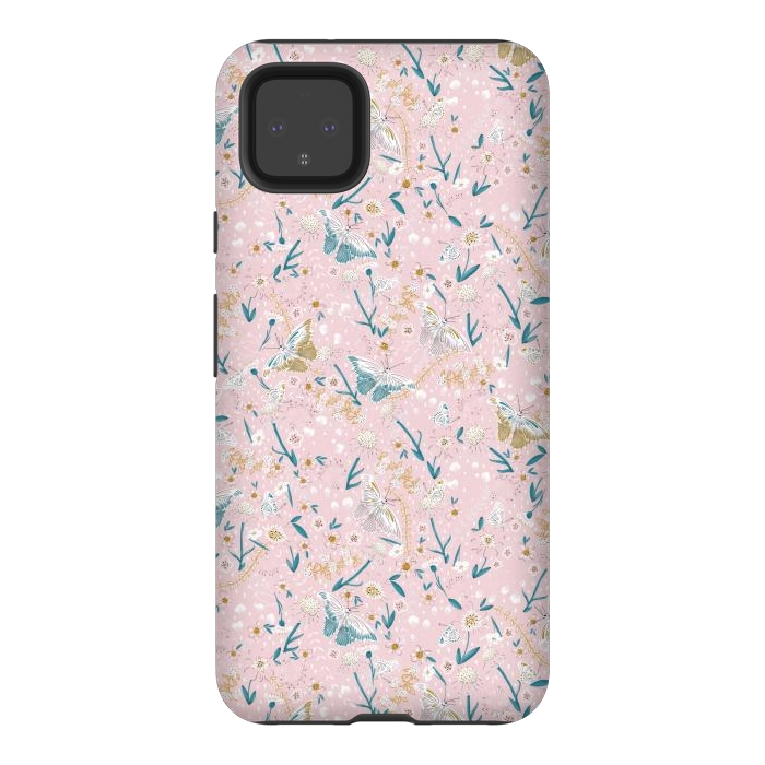 Pixel 4XL StrongFit Delicate Daisies and Butterflies half-drop repeat pattern on Pink by Paula Ohreen