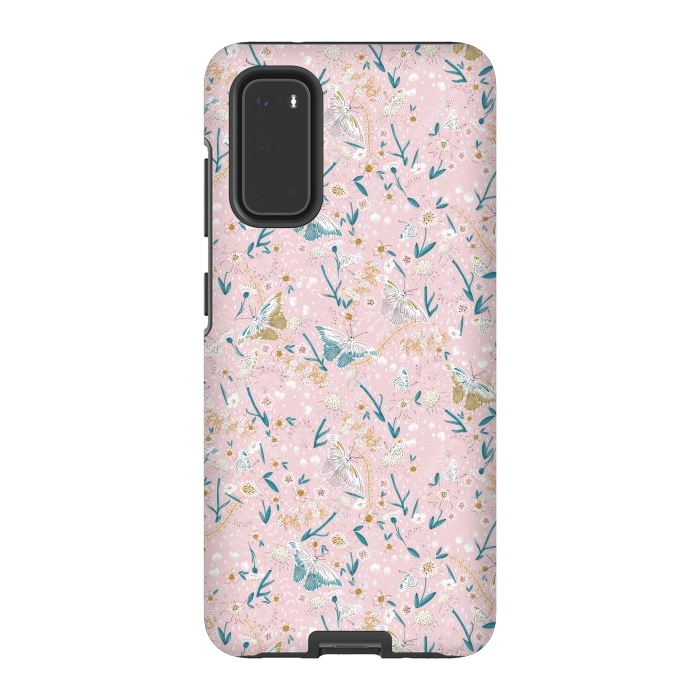 Galaxy S20 StrongFit Delicate Daisies and Butterflies half-drop repeat pattern on Pink by Paula Ohreen