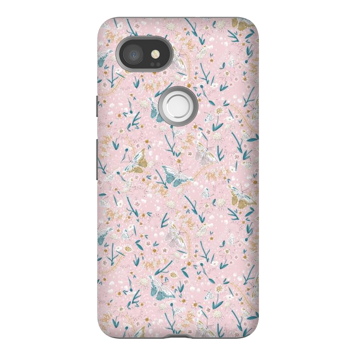 Pixel 2XL StrongFit Delicate Daisies and Butterflies half-drop repeat pattern on Pink by Paula Ohreen
