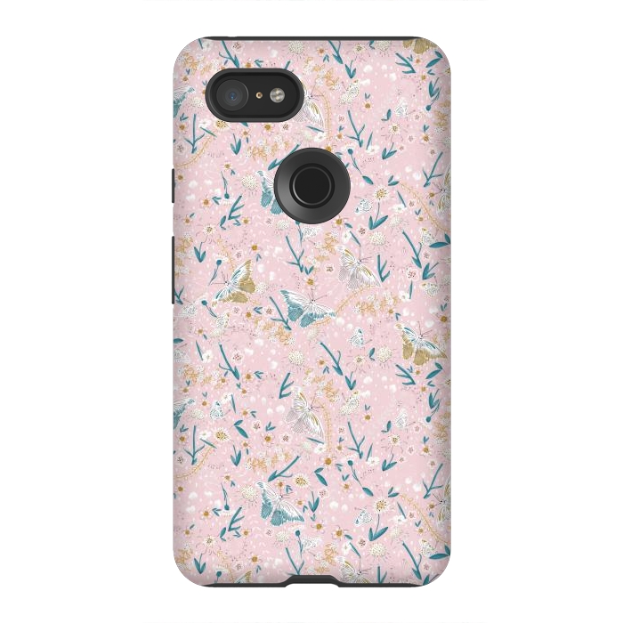 Pixel 3XL StrongFit Delicate Daisies and Butterflies half-drop repeat pattern on Pink by Paula Ohreen