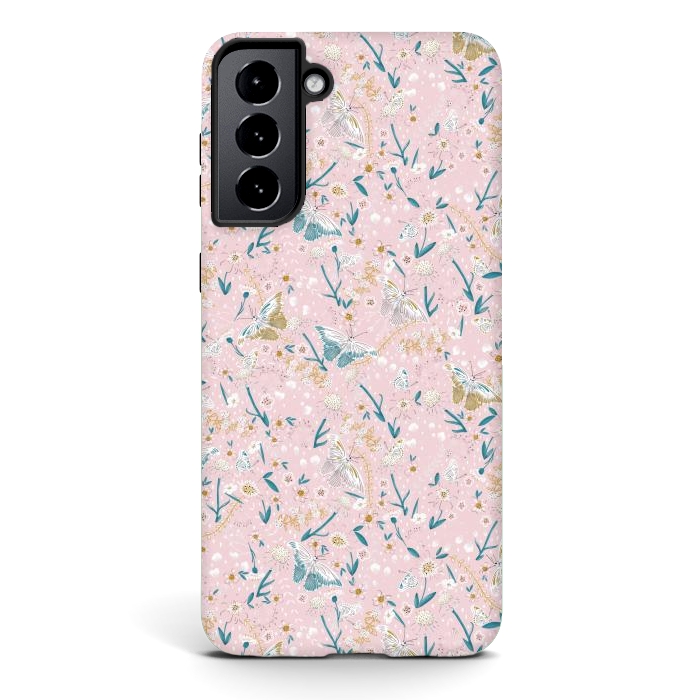 Galaxy S21 StrongFit Delicate Daisies and Butterflies half-drop repeat pattern on Pink by Paula Ohreen