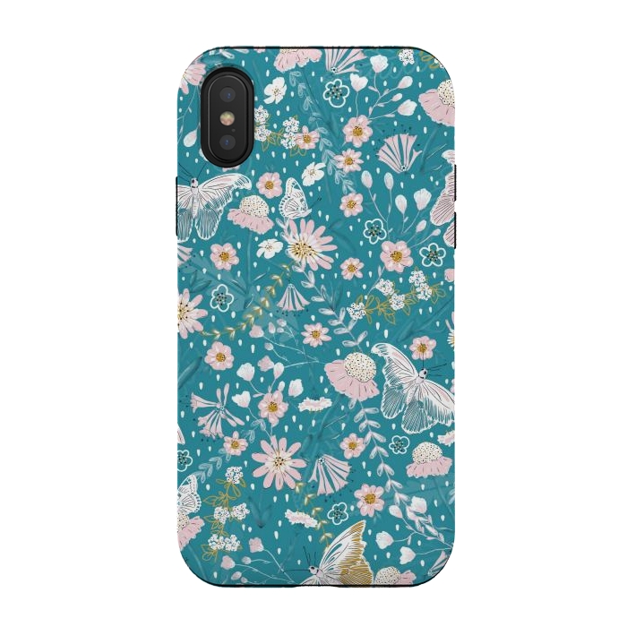iPhone Xs / X StrongFit Delicate Daisies and Butterflies half-drop repeat pattern on Blue by Paula Ohreen