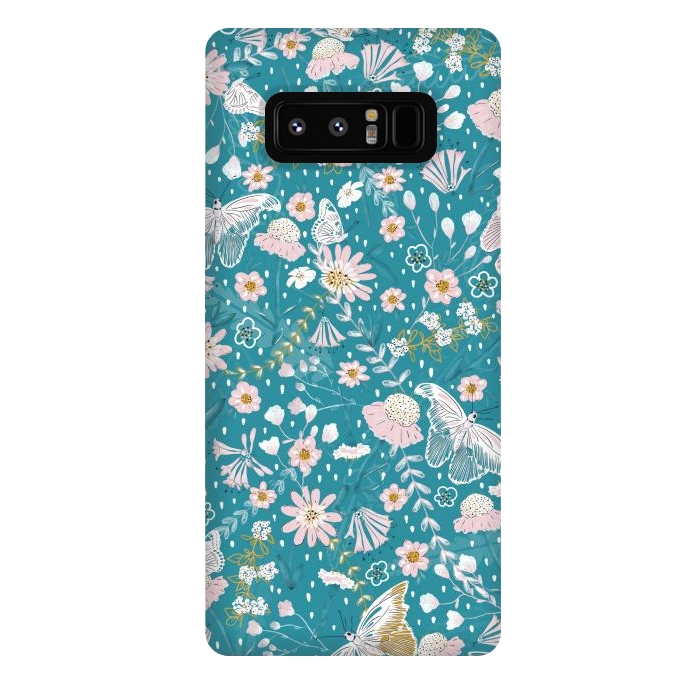 Galaxy Note 8 StrongFit Delicate Daisies and Butterflies half-drop repeat pattern on Blue by Paula Ohreen