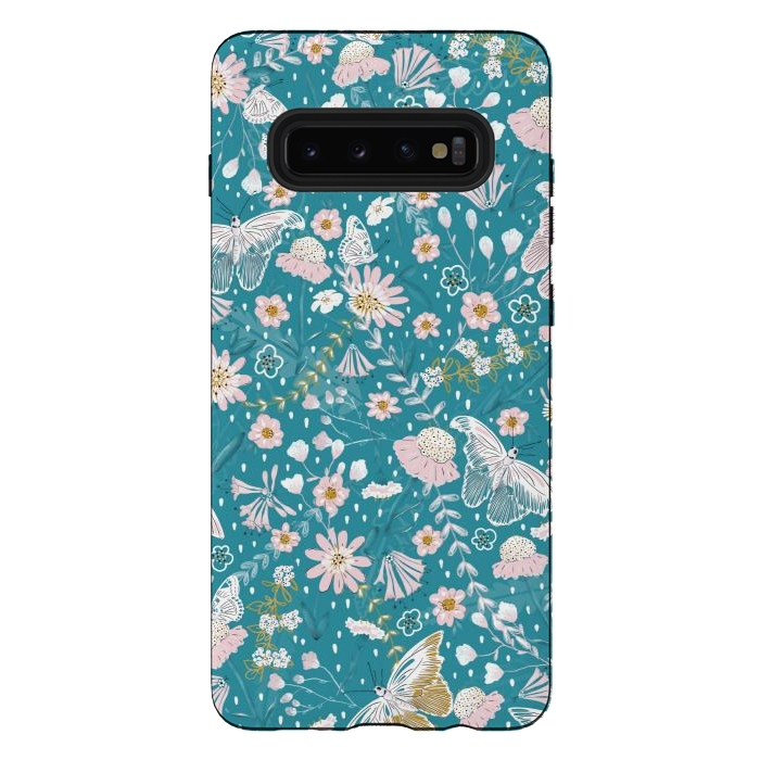 Galaxy S10 plus StrongFit Delicate Daisies and Butterflies half-drop repeat pattern on Blue by Paula Ohreen