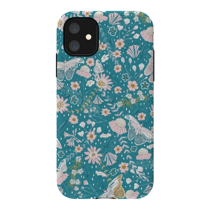 iPhone 11 StrongFit Delicate Daisies and Butterflies half-drop repeat pattern on Blue by Paula Ohreen