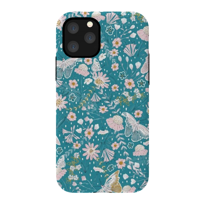 iPhone 11 Pro StrongFit Delicate Daisies and Butterflies half-drop repeat pattern on Blue by Paula Ohreen