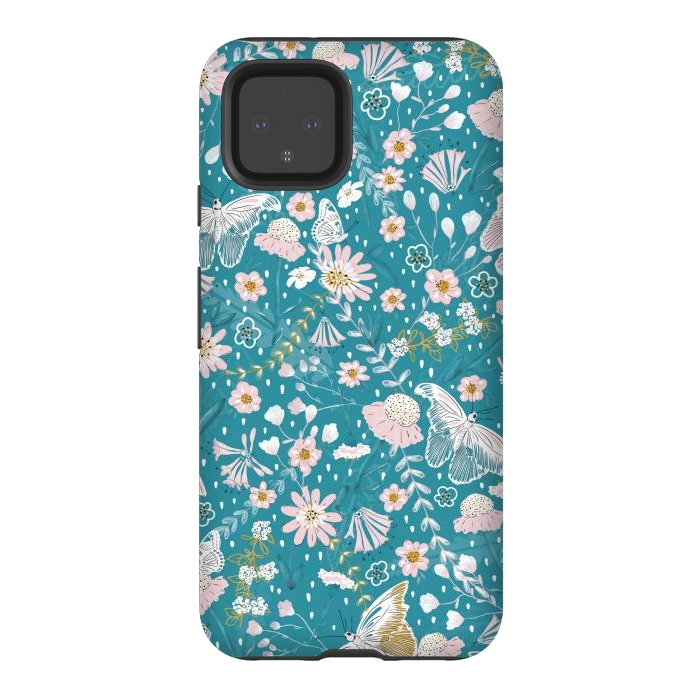 Pixel 4 StrongFit Delicate Daisies and Butterflies half-drop repeat pattern on Blue by Paula Ohreen