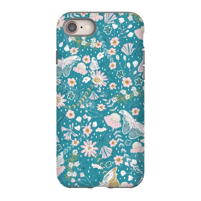 iPhone SE StrongFit Delicate Daisies and Butterflies half-drop repeat pattern on Blue by Paula Ohreen
