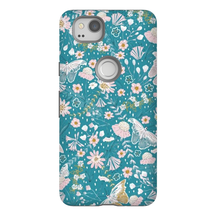Pixel 2 StrongFit Delicate Daisies and Butterflies half-drop repeat pattern on Blue by Paula Ohreen