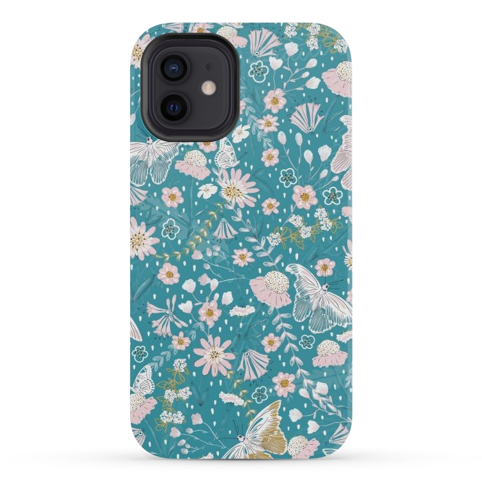 iPhone 12 mini StrongFit Delicate Daisies and Butterflies half-drop repeat pattern on Blue by Paula Ohreen