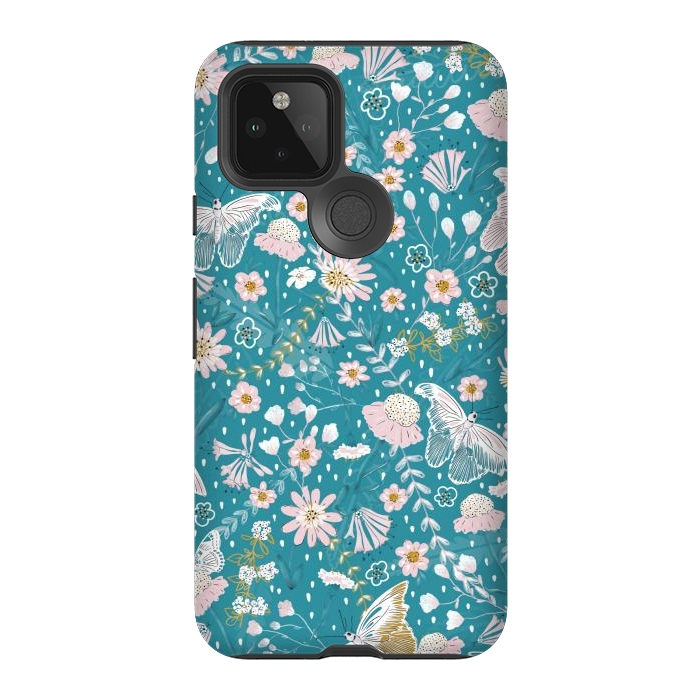 Pixel 5 StrongFit Delicate Daisies and Butterflies half-drop repeat pattern on Blue by Paula Ohreen