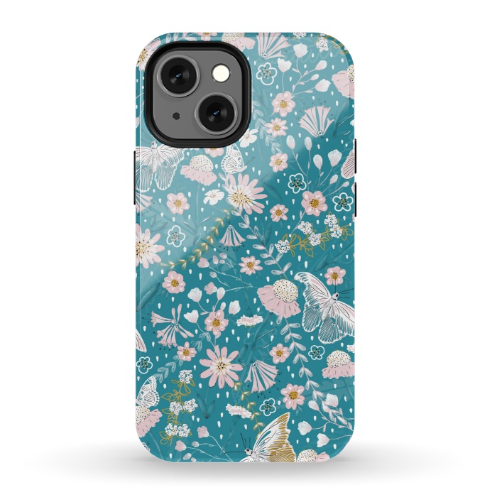 iPhone 13 mini StrongFit Delicate Daisies and Butterflies half-drop repeat pattern on Blue by Paula Ohreen