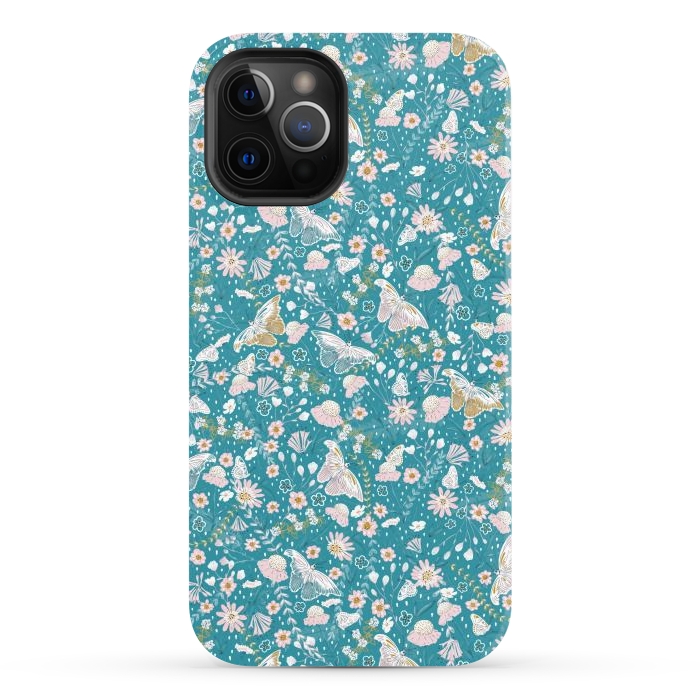 iPhone 12 Pro Max StrongFit Delicate Daisies and Butterflies half-drop repeat pattern on Blue by Paula Ohreen