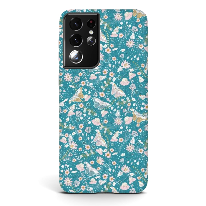 Galaxy S21 ultra StrongFit Delicate Daisies and Butterflies half-drop repeat pattern on Blue by Paula Ohreen