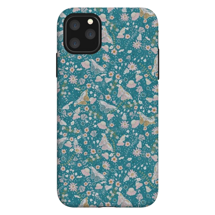 iPhone 11 Pro Max StrongFit Delicate Daisies and Butterflies half-drop repeat pattern on Blue by Paula Ohreen