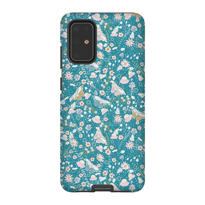 Galaxy S20 Plus StrongFit Delicate Daisies and Butterflies half-drop repeat pattern on Blue by Paula Ohreen