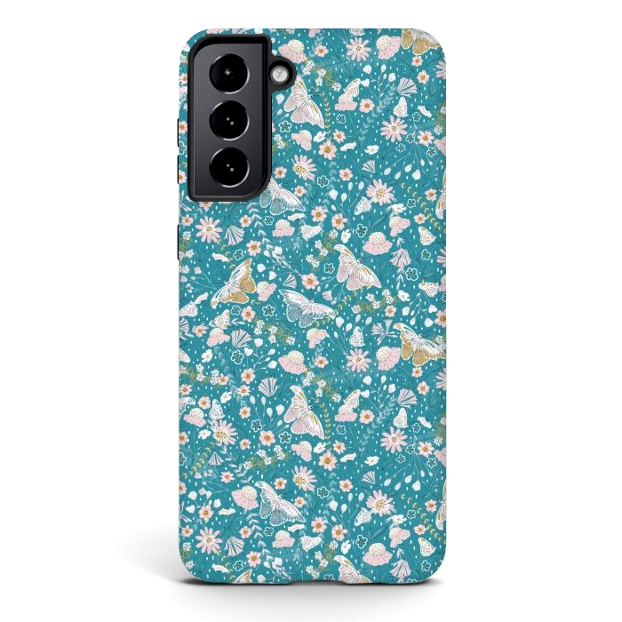 Galaxy S21 StrongFit Delicate Daisies and Butterflies half-drop repeat pattern on Blue by Paula Ohreen