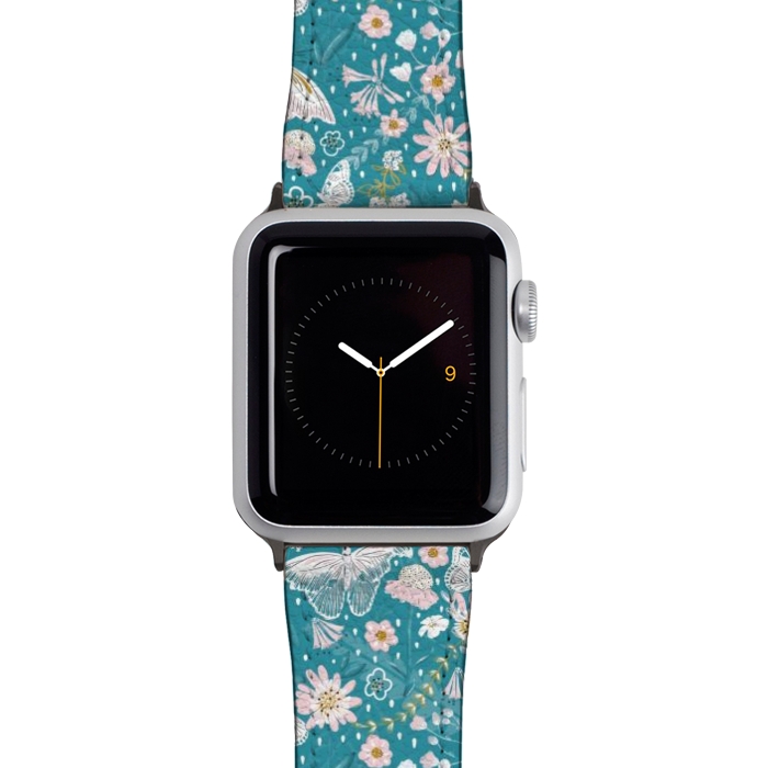 Watch 42mm / 44mm Strap PU leather Delicate Daisies and Butterflies half-drop repeat pattern on Blue by Paula Ohreen