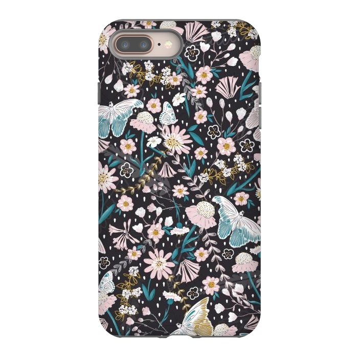 iPhone 7 plus StrongFit Delicate Daisies and Butterflies half-drop repeat pattern on Black by Paula Ohreen
