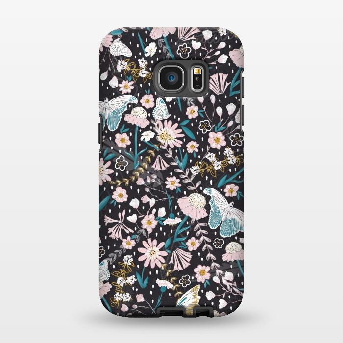 Galaxy S7 EDGE StrongFit Delicate Daisies and Butterflies half-drop repeat pattern on Black by Paula Ohreen