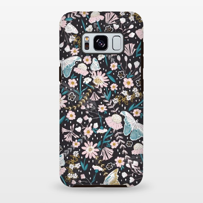 Galaxy S8 plus StrongFit Delicate Daisies and Butterflies half-drop repeat pattern on Black by Paula Ohreen