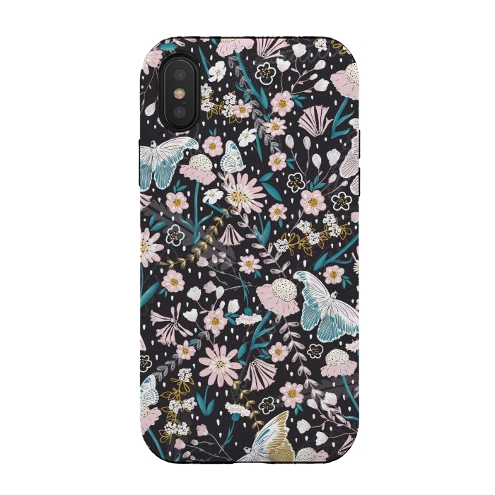iPhone Xs / X StrongFit Delicate Daisies and Butterflies half-drop repeat pattern on Black by Paula Ohreen