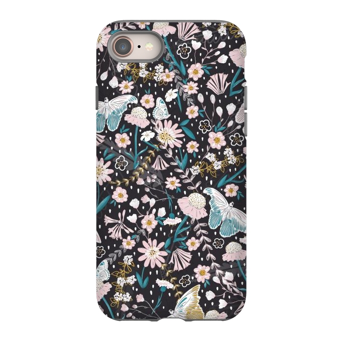 iPhone 8 StrongFit Delicate Daisies and Butterflies half-drop repeat pattern on Black by Paula Ohreen