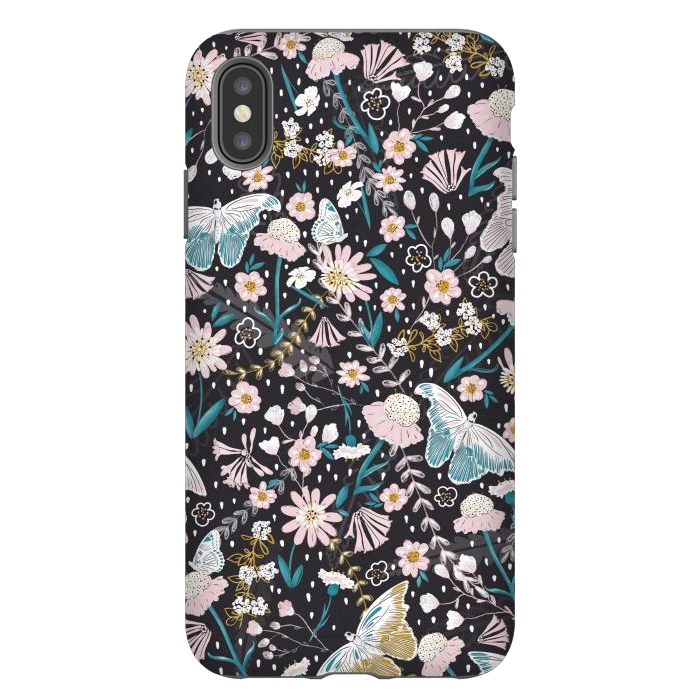 iPhone Xs Max StrongFit Delicate Daisies and Butterflies half-drop repeat pattern on Black by Paula Ohreen