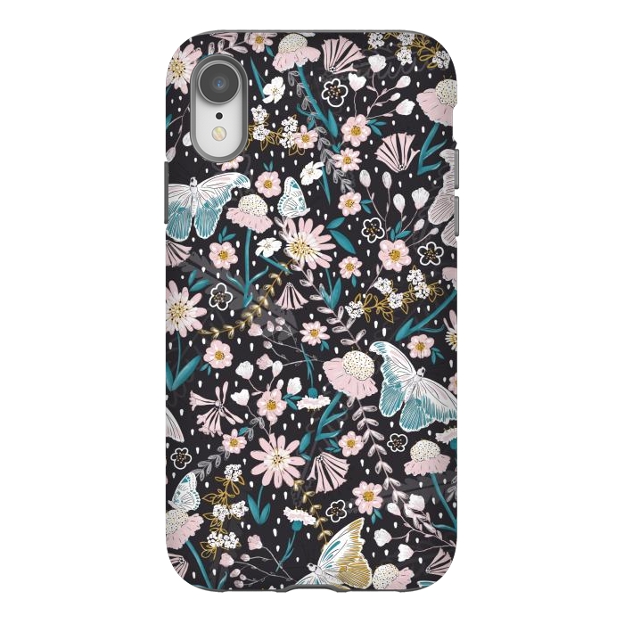 iPhone Xr StrongFit Delicate Daisies and Butterflies half-drop repeat pattern on Black by Paula Ohreen