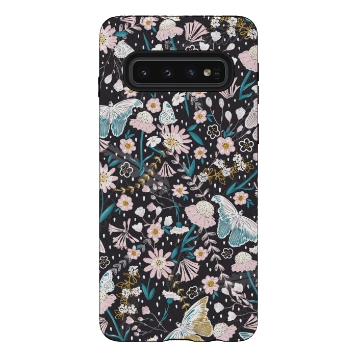 Galaxy S10 StrongFit Delicate Daisies and Butterflies half-drop repeat pattern on Black by Paula Ohreen