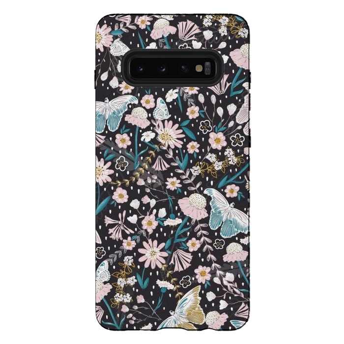 Galaxy S10 plus StrongFit Delicate Daisies and Butterflies half-drop repeat pattern on Black by Paula Ohreen