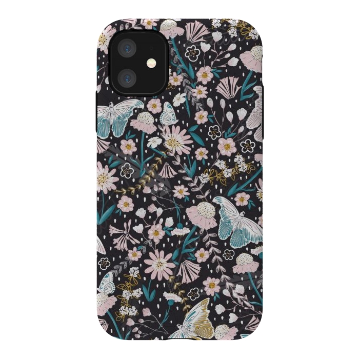 iPhone 11 StrongFit Delicate Daisies and Butterflies half-drop repeat pattern on Black by Paula Ohreen