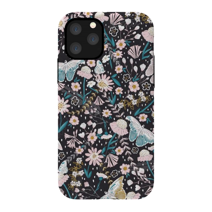 iPhone 11 Pro StrongFit Delicate Daisies and Butterflies half-drop repeat pattern on Black by Paula Ohreen