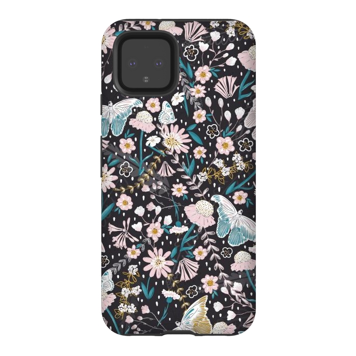 Pixel 4 StrongFit Delicate Daisies and Butterflies half-drop repeat pattern on Black by Paula Ohreen
