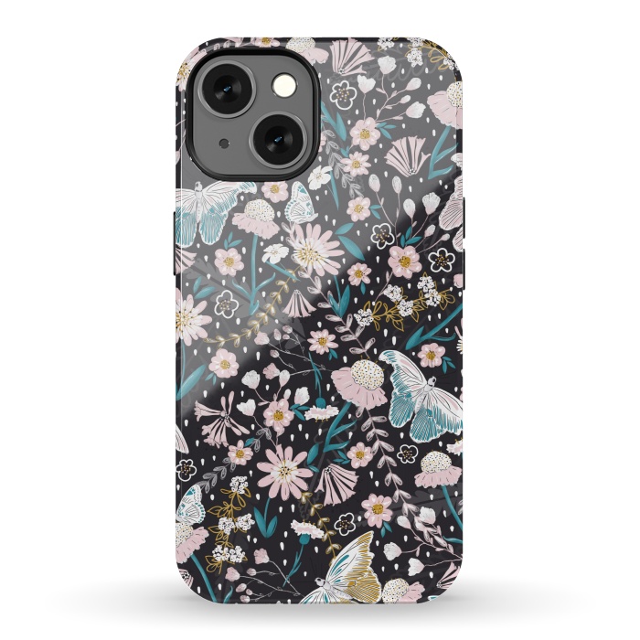 iPhone 13 StrongFit Delicate Daisies and Butterflies half-drop repeat pattern on Black by Paula Ohreen
