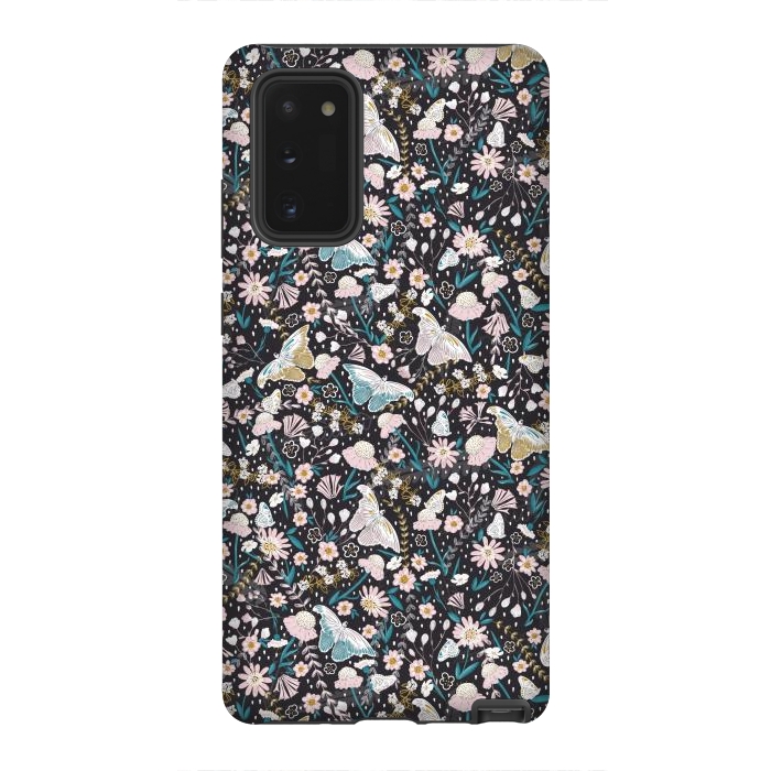 Galaxy Note 20 StrongFit Delicate Daisies and Butterflies half-drop repeat pattern on Black by Paula Ohreen