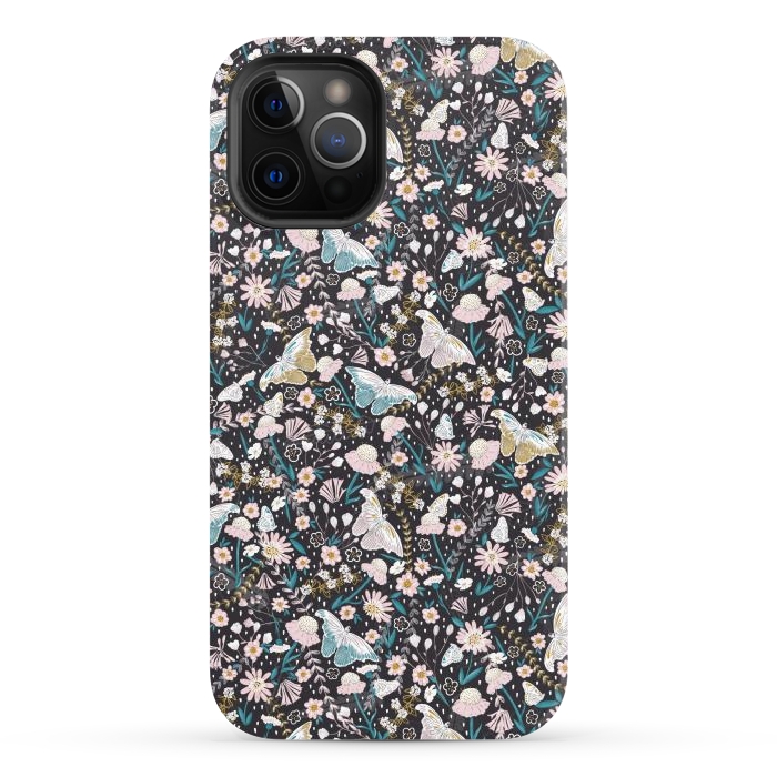 iPhone 12 Pro Max StrongFit Delicate Daisies and Butterflies half-drop repeat pattern on Black by Paula Ohreen