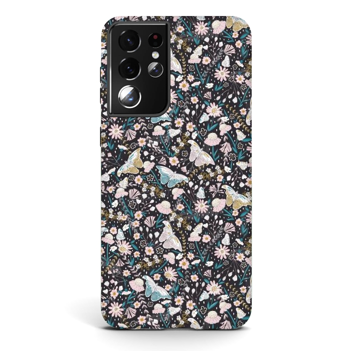 Galaxy S21 ultra StrongFit Delicate Daisies and Butterflies half-drop repeat pattern on Black by Paula Ohreen