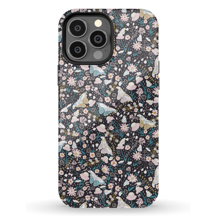 iPhone 13 Pro Max StrongFit Delicate Daisies and Butterflies half-drop repeat pattern on Black by Paula Ohreen