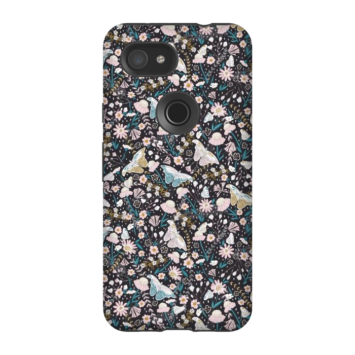 Pixel 3A StrongFit Delicate Daisies and Butterflies half-drop repeat pattern on Black by Paula Ohreen