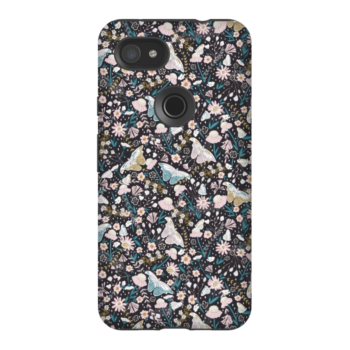 Pixel 3AXL StrongFit Delicate Daisies and Butterflies half-drop repeat pattern on Black by Paula Ohreen