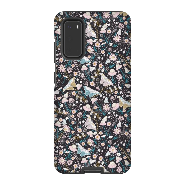 Galaxy S20 StrongFit Delicate Daisies and Butterflies half-drop repeat pattern on Black by Paula Ohreen