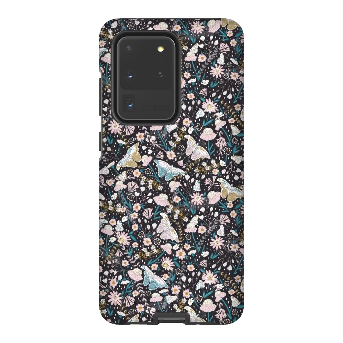 Galaxy S20 Ultra StrongFit Delicate Daisies and Butterflies half-drop repeat pattern on Black by Paula Ohreen