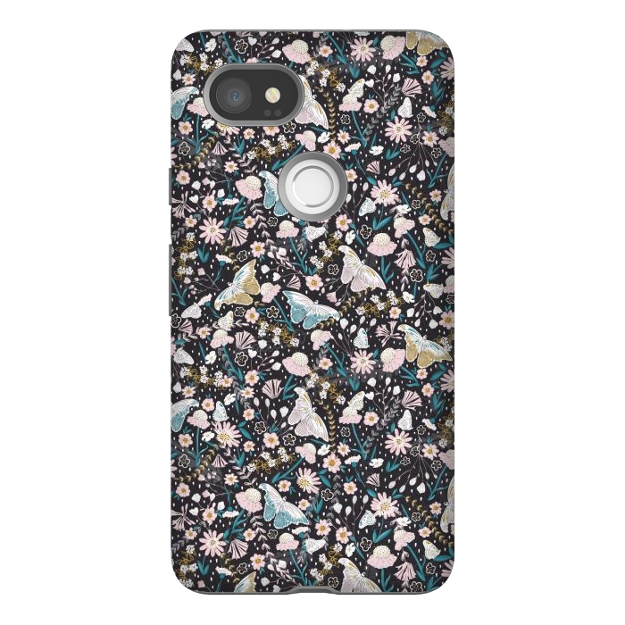Pixel 2XL StrongFit Delicate Daisies and Butterflies half-drop repeat pattern on Black by Paula Ohreen