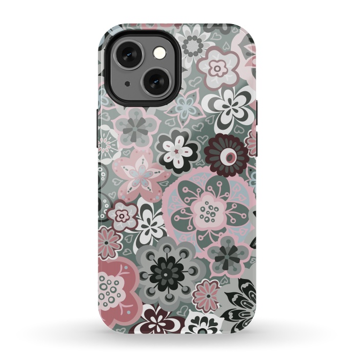 iPhone 13 mini StrongFit Beautiful Bouquet of Blooms-Dark Grey and Pink by Paula Ohreen